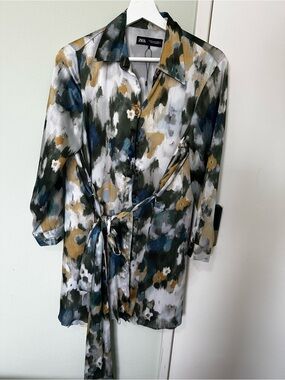 Zara Olive, Navy & Mustard Abstract Floral Shirt Dress